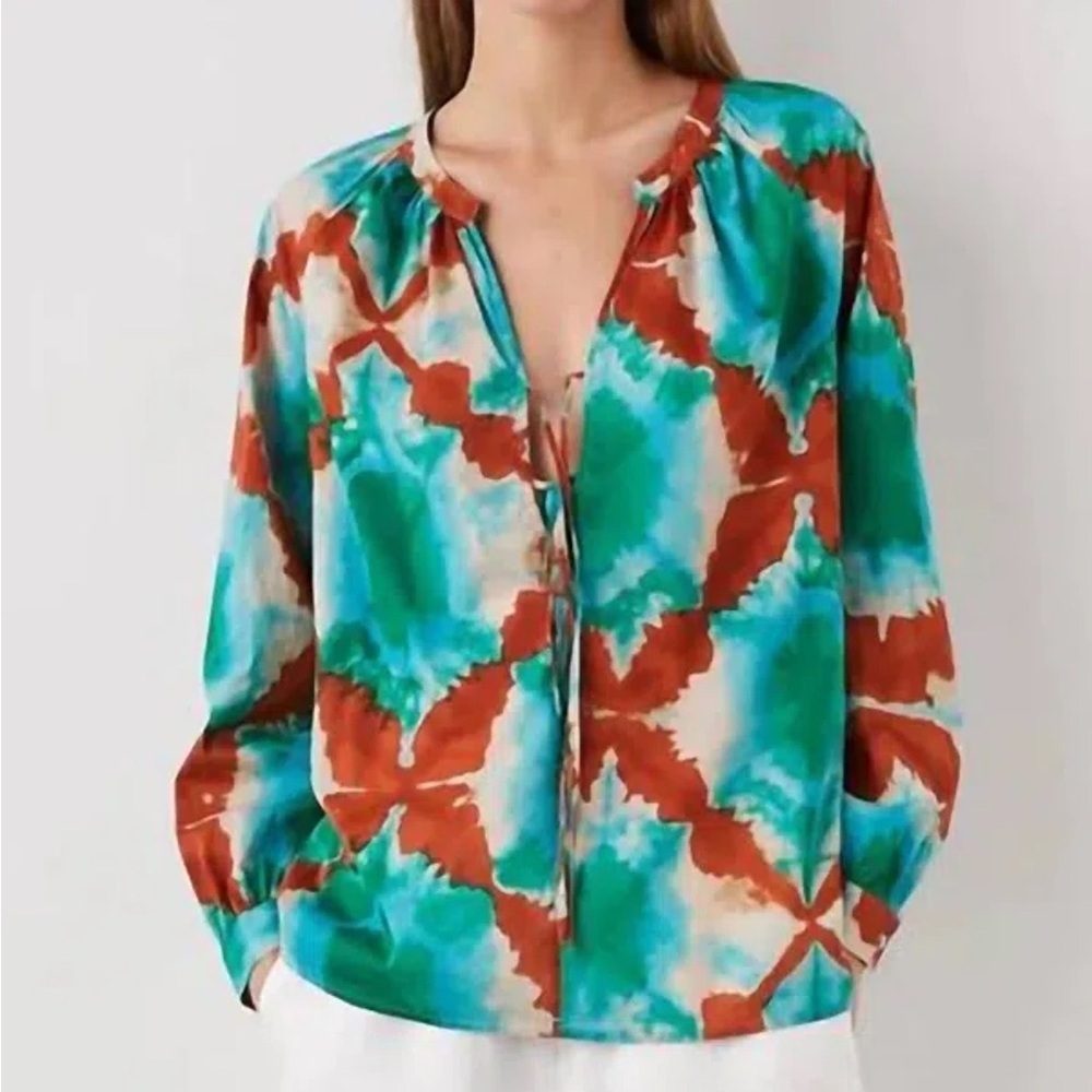 RAILS Brielle Kaleidoscope Cotton Print Popover Blouse Green Blue Brown Tan S
